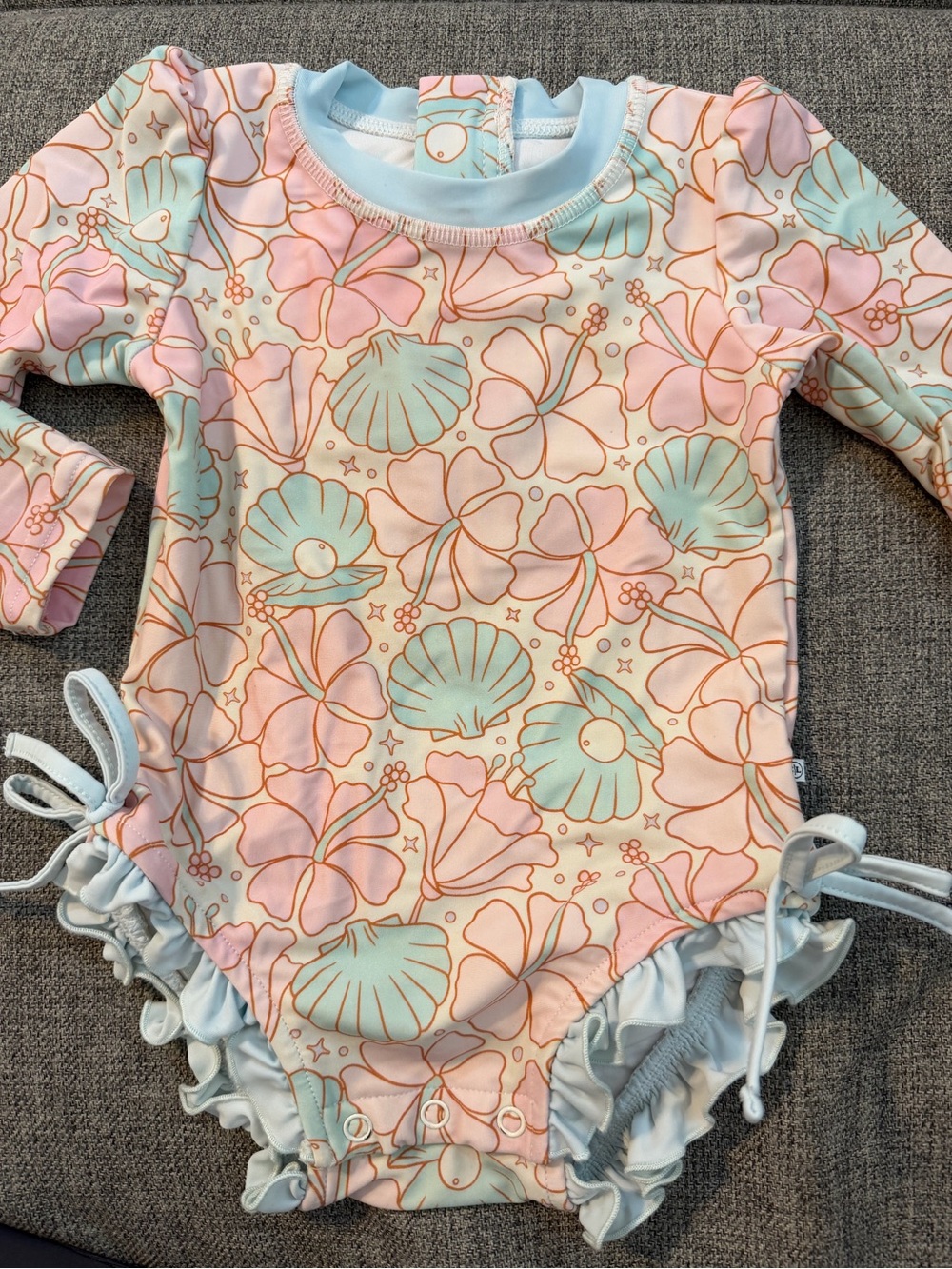 Caden Lane Peach & Light Blue Seashell/Floral Ruffle Long-Sleeve One-Piece 6-12m